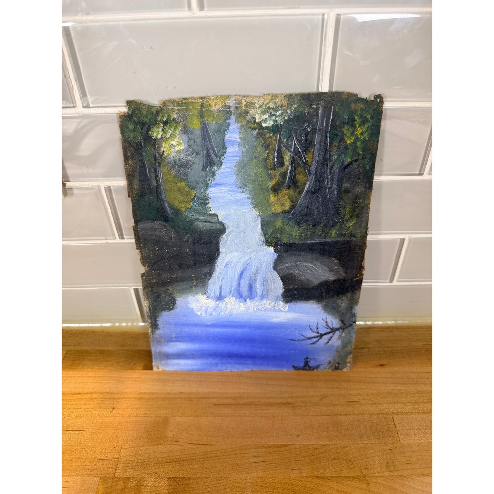 Vintage Original Waterfall Landscape Oil Painting Forest River Folk Art 6.5x8.5